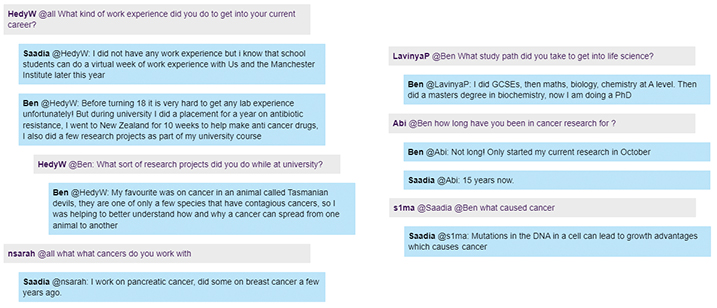 screenshot of online chats between scientists and school students
