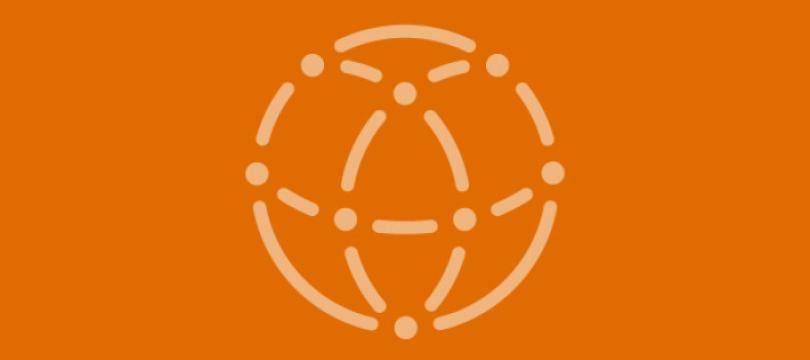 graphic of interconnecting dots and lines within a circle on orange background