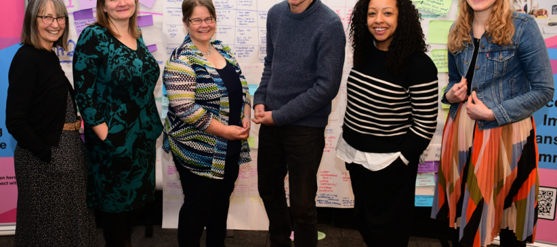 Ann, Zoe, Sophie, Paul, Gemma and Asphodel standing together and smiling at the NCIA action learning event