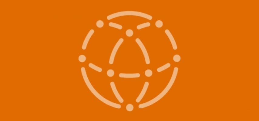 graphic of interconnecting dots and lines within a circle on orange background