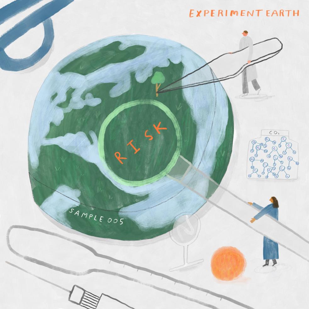 Drawing of scientists experimenting on / studying Planet Earth