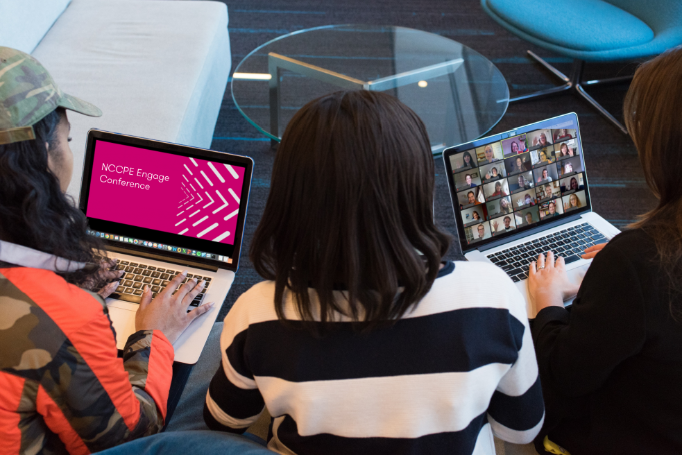 Three people on laptops participating in Engage Online