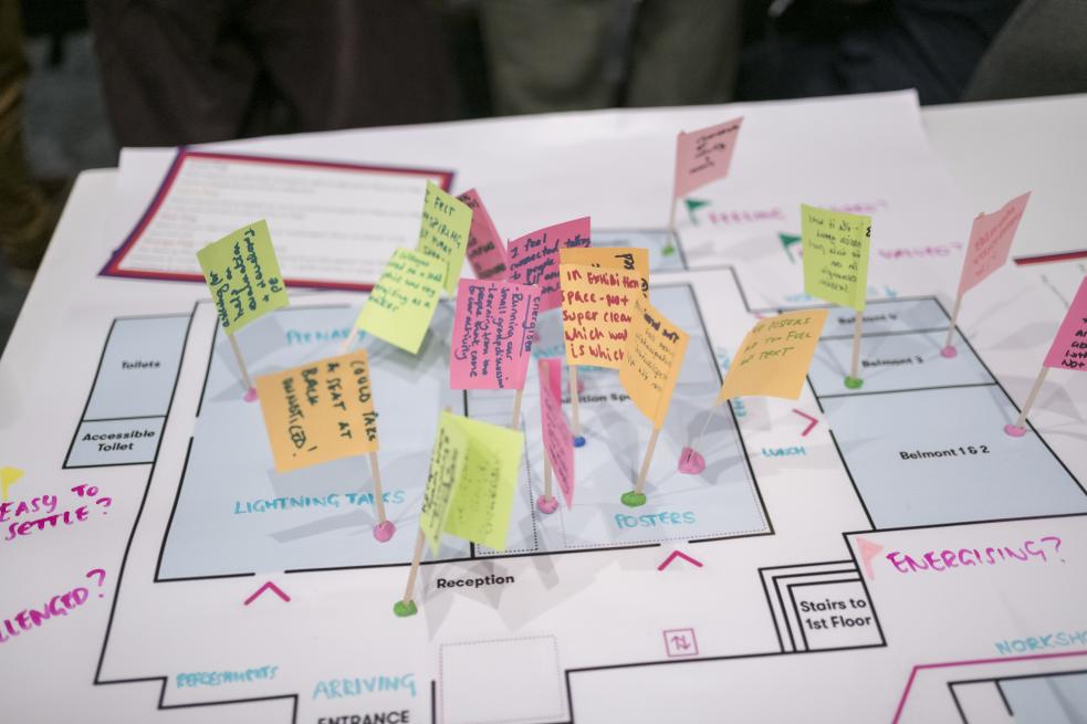 A floor plan of a conference venue overlaid with small handwritten notes on coloured paper flags stuck into the plan with cocktail sticks. The notes capture participant feedback and observations at different points in the space, including areas labelled Plenary, Lightning Talks, Posters, Reception, Arriving and Entrance. The overall effect is of a participatory mapping or experience evaluation exercise conducted during or after the event.