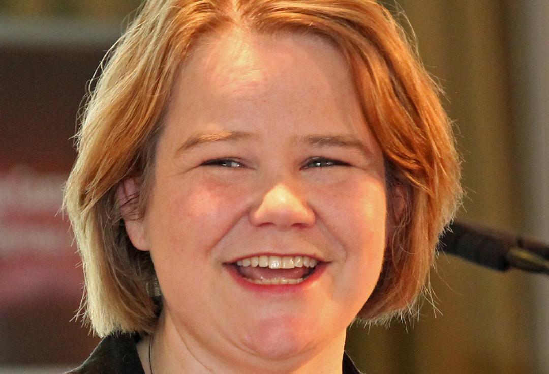 Close up of Sophie Duncan smiling while presenting