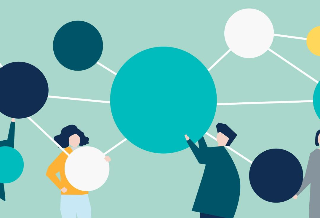 Illustration of people looking at a web of interconnected circles of various sizes