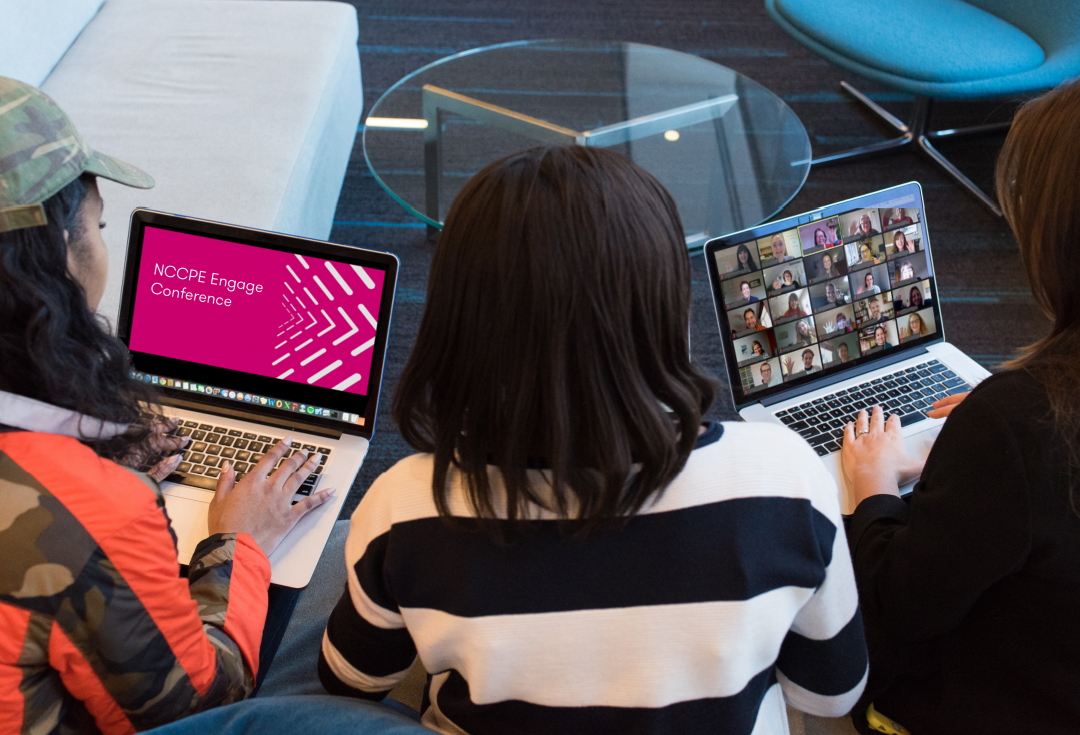 Three people on laptops participating in Engage Online
