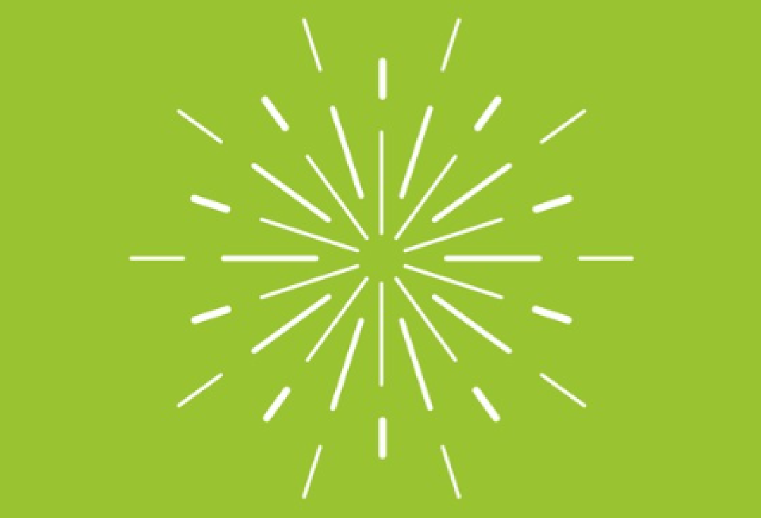 Bright green banner with white graphic of a circular, shooting star