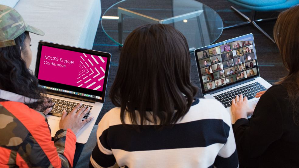 Three people on laptops participating in Engage Online