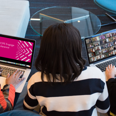 Three people on laptops participating in Engage Online